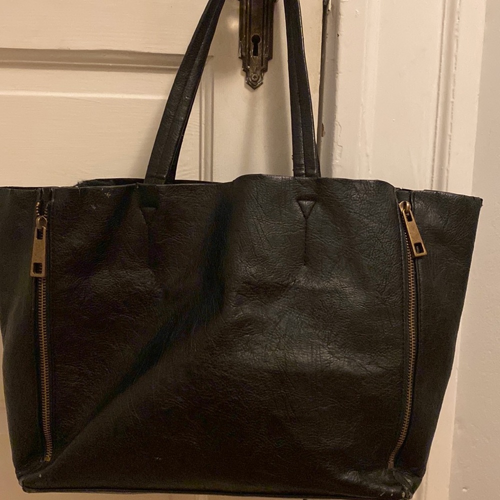 Black Leather Tote with brass zippers